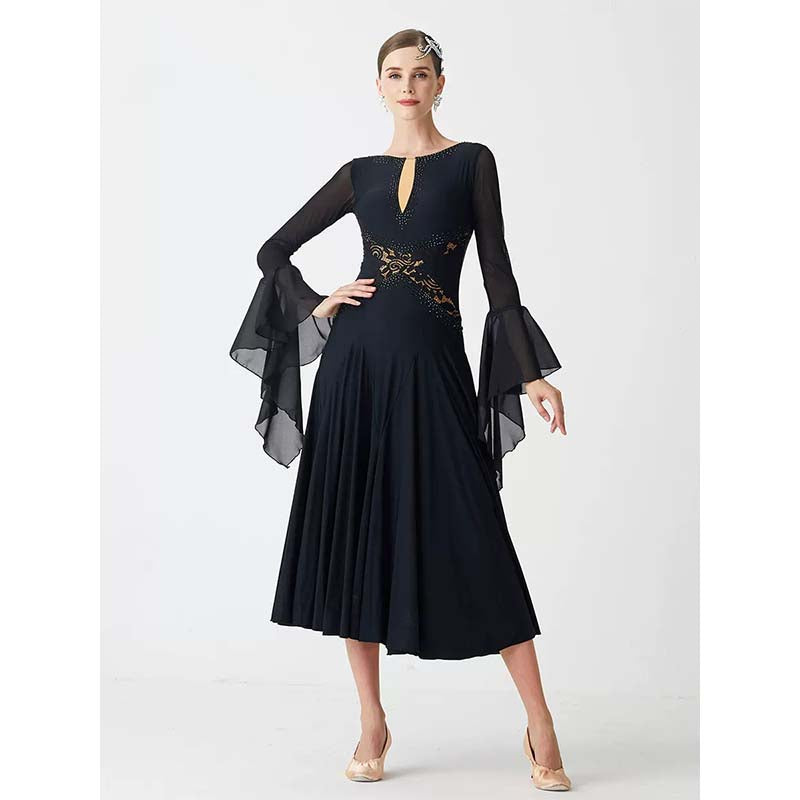 YUN Customisable-Women's Long Sleeve V-neck Diamonds Waltz Modern Ballroom Dance Dress main image 0