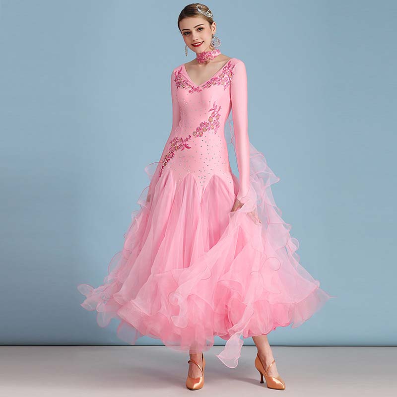Women's Long Sleeve Waltz Modern Ballroom Dance Dress Competition Dres