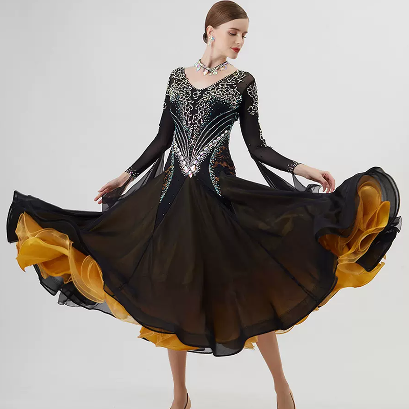 YUN Customisable-Women's Long Sleeve Mesh Round Neck Diamonds Waltz Modern Ballroom Dance Dress Competition Dresses