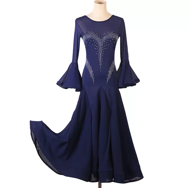 YUN Customisable-Women's Long Sleeve Round Neck Diamonds Dress For Ballroom Dancing Smooth Dress