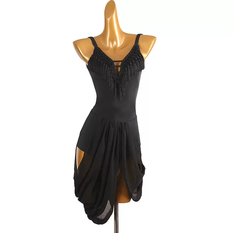 Customisable-Women's Black V-Neck Long Sleeve DanceWear Ballroom Dance Dress