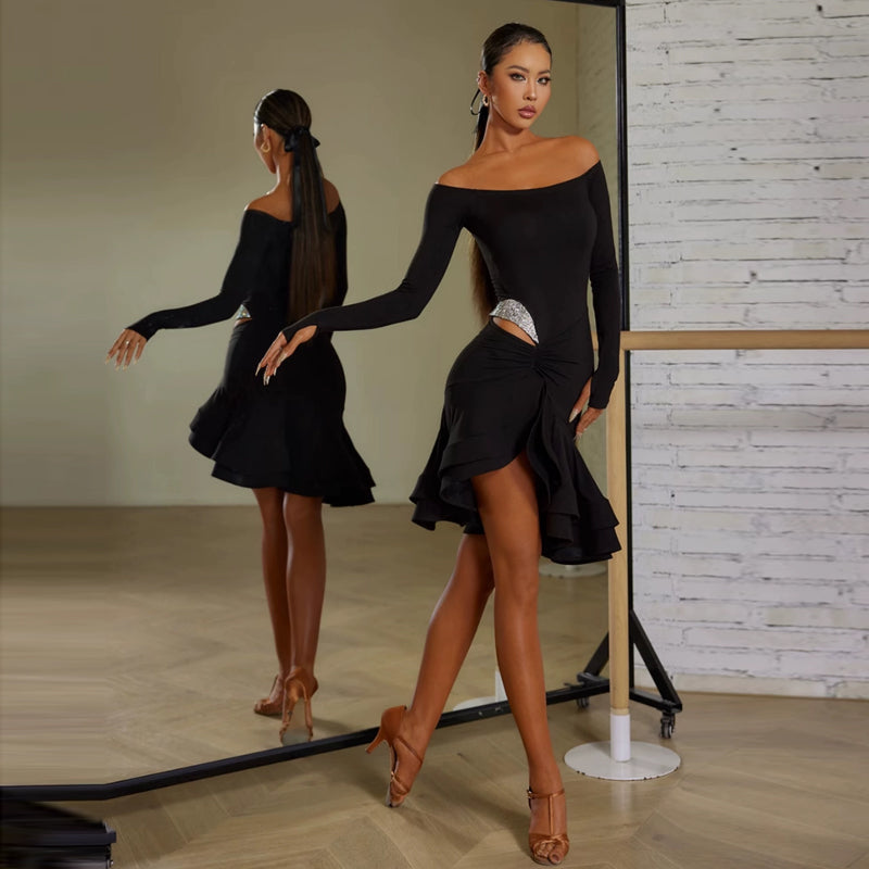 Z Women's One-Shoulder Long Sleeve Dance Dress DanceWear Black