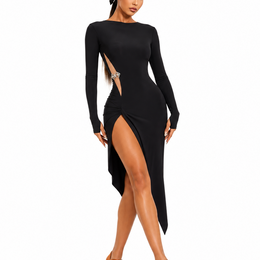 DS Women's Black Round Neck Long Sleeve Backless Elegant Dance Dress Dance Wear