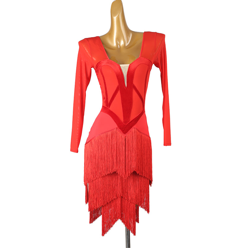 YZY Customisable-Women's Red Long Sleeve Tassel DanceWear Dance Dress Performance Wear