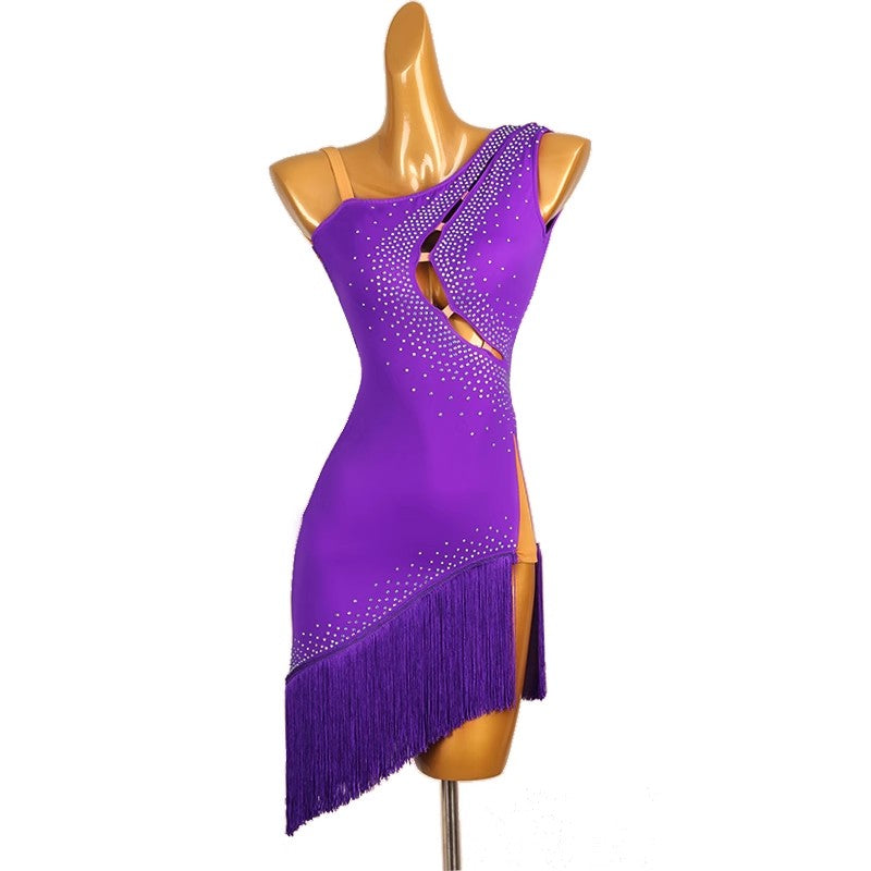 Latin Dance Dress Rhinestone Tassel Women's Performance Sleeveless High Spandex
