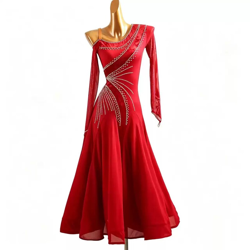 ballroom dress red YZY Customisable-Women's Red One Shoulder Modern Dance Dress Ballroom Dance Costume Training Performance Red