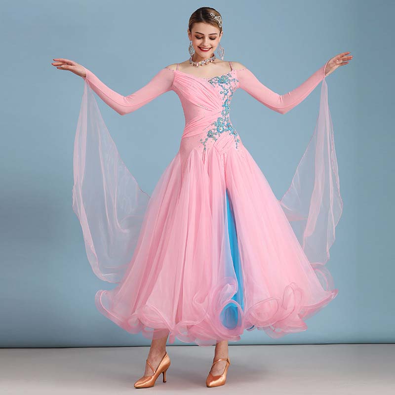 Women's Rhinestone Splicing Modern Dress Ballroom Dress Performance Swing Dress Competition Wear Pink Women's Rhinestone Splicing Modern Dress Ballroom Dress Performance Swing Dress Competition Wear Pink