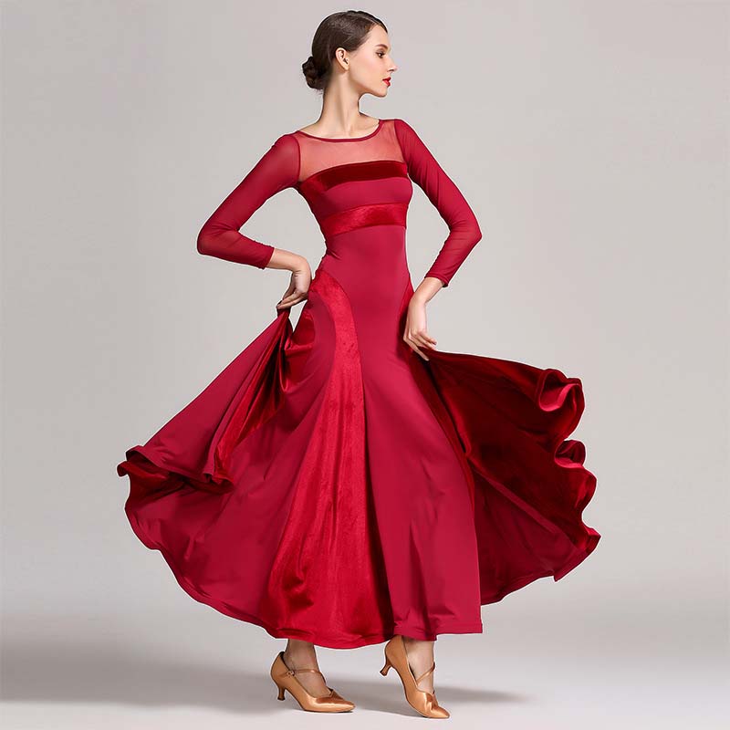 Women's Velvet Long Sleeve Modern Dance Dress Ballroom Dance Costume Training Performance Red Women's Velvet Long Sleeve Modern Dance Dress Ballroom Dance Costume Training Performance Red