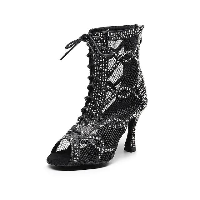 DS Women's Black Real Leather Customized Heel Dance Boots Jazz Salsa Dance Shoes