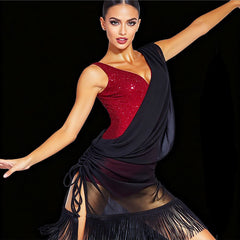 YJFY Women's Black Mesh Tassel Latin Dance Dress Dance Wear Training Performance Dress