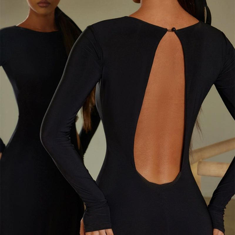 Z Women's Black Round Neck Long Sleeve Backless Elegant Dance Dress Da