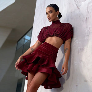 YJFY Women's Dark Red Latin Dance Sets Dance Wear Training Performance Dress Sets
