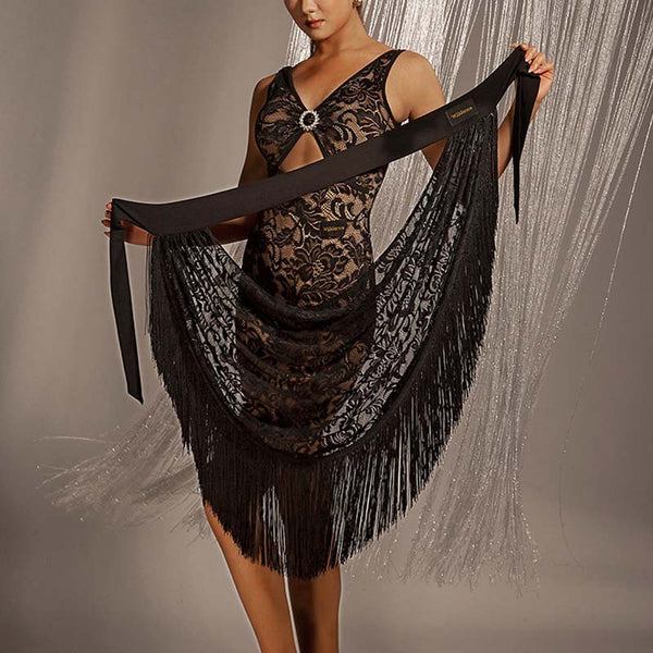 HC Women's Black Tassel Latin Dance Skirt Dance Wear Training Performance Skirt